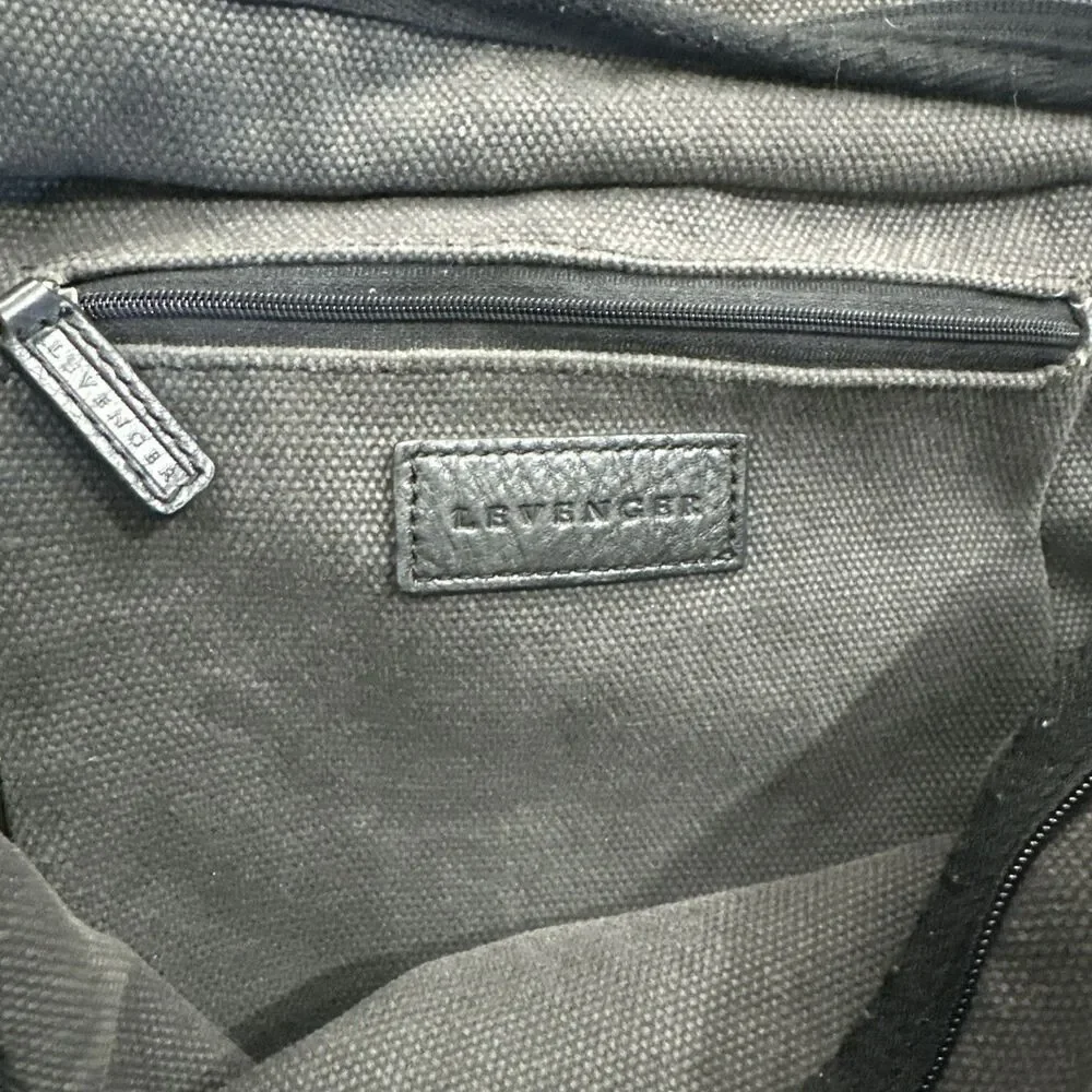 Levenger Canvas Gray & Black Leather Trim Messenger Crossbody Bag